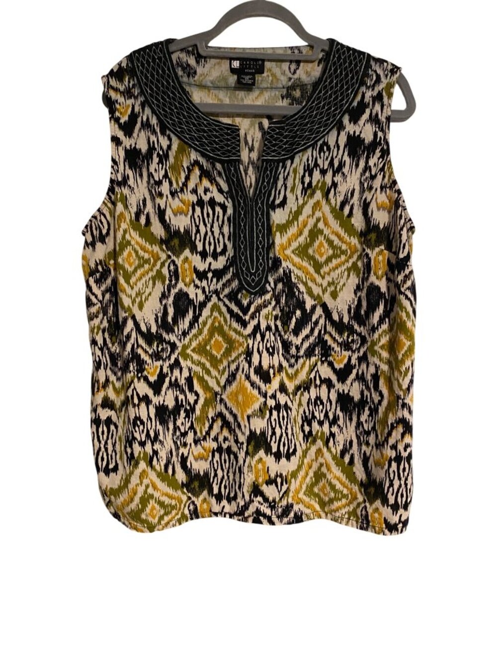 Carole Little Woman 2X Top Sleeveless Ikat Print Embroidered Linen Rayon Comfy
